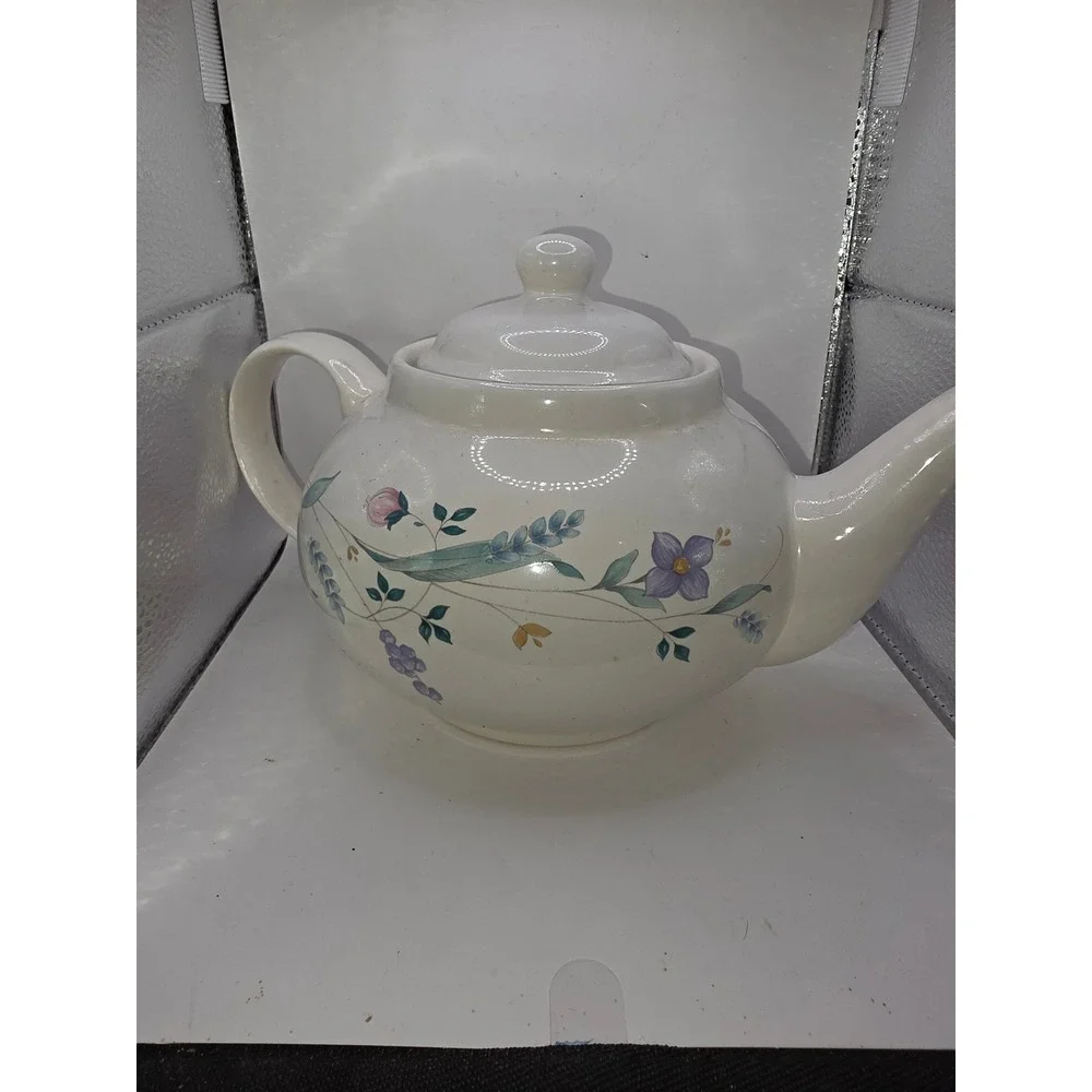 Vintage Floral Ceramic Teapot Cream with Purple and Pink Flowers Cottagecore